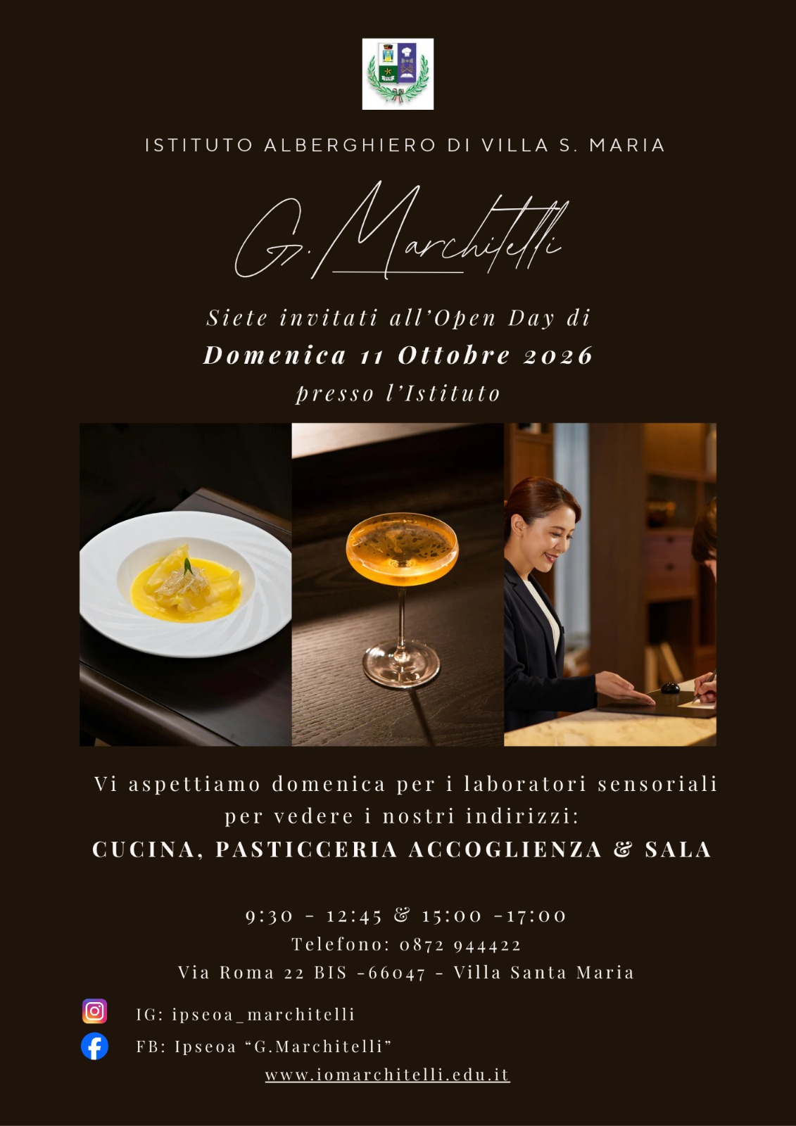 Locandina dell’Open Day dell’Istituto Alberghiero G. Marchitelli di Villa Santa Maria, domenica 11 ottobre 2026: laboratori sensoriali per conoscere gli indirizzi cucina, pasticceria, accoglienza e sala; orari 9:30-12:45 e 15:00-17:00, Via Roma 22 bis.